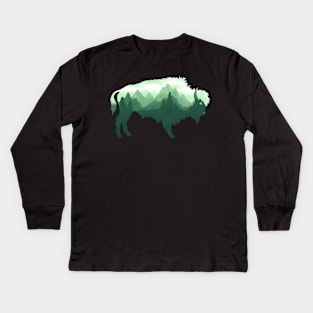 Dramabite Bison Buffalo Double Exposure Surreal Wildlife Native Animal Kids Long Sleeve T-Shirt